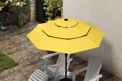 Yellow patio umbrella on a table with chairs in an outdoor setting