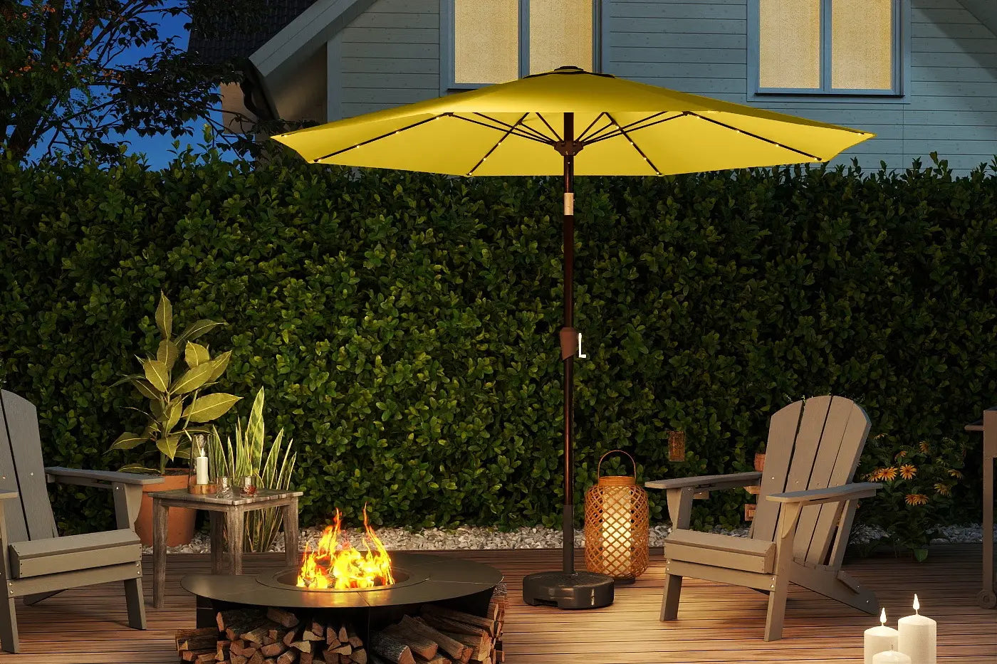 Outdoor patio setup with a yellow umbrella, fire pit, and Adirondack chairs.