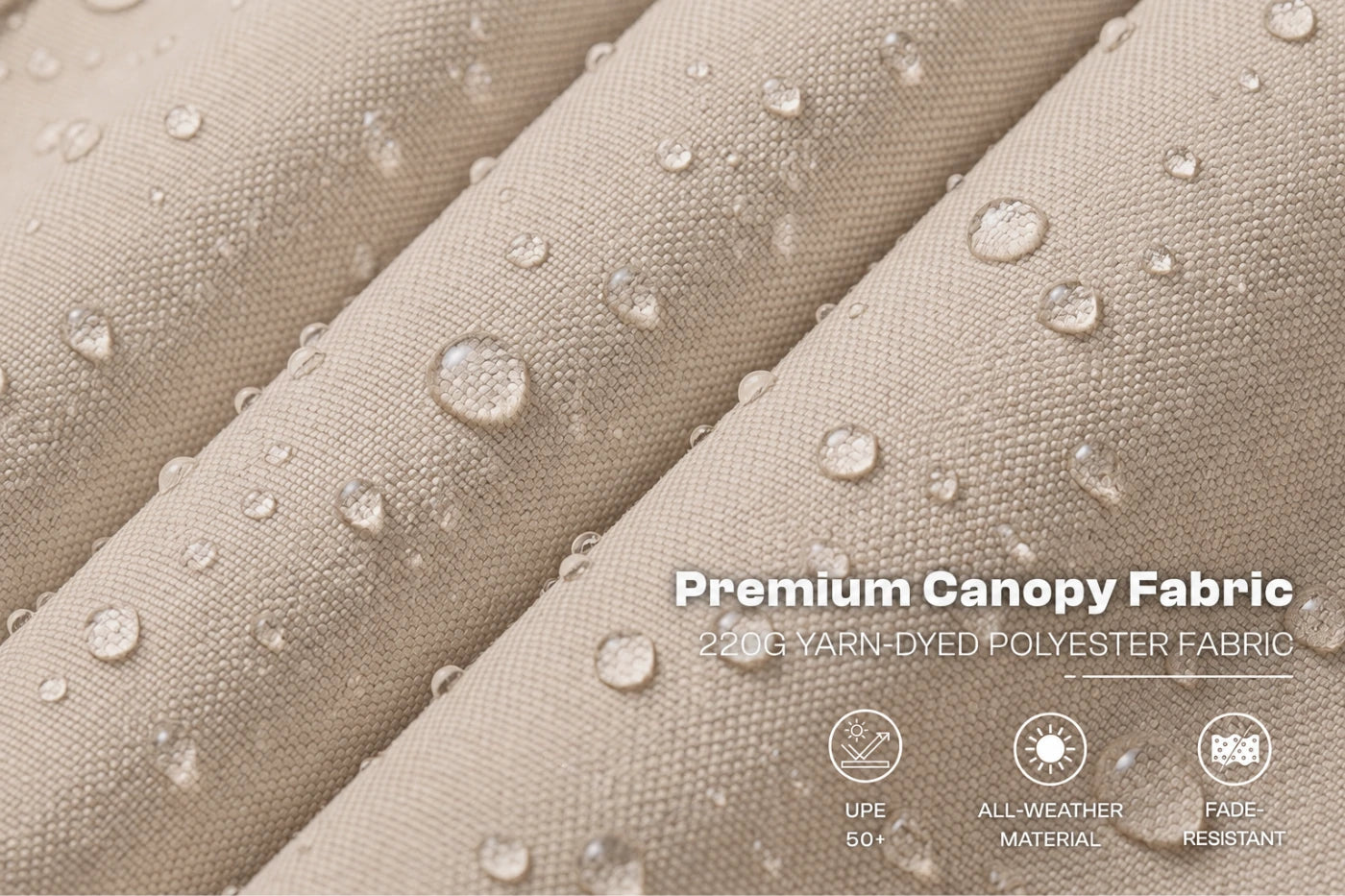 Close-up of beige canopy fabric with water droplets on a textured woven surface. White text reads 'Premium Canopy Fabric' and '220G YARN-DYED POLYESTER FABRIC,' with small feature icons below.