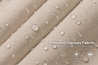 Close-up of beige canopy fabric with water droplets on a textured woven surface. White text reads 'Premium Canopy Fabric' and '220G YARN-DYED POLYESTER FABRIC,' with small feature icons below.