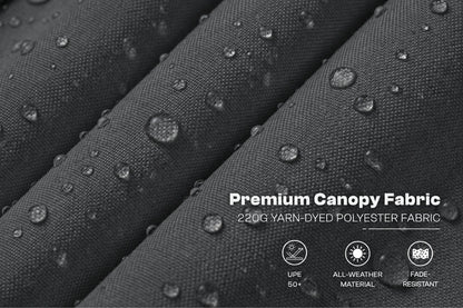 Close-up of dark gray water-dyed polyester fabric with visible water droplets and overlaid text reading 'Premium Canopy Fabric' plus small feature icons.