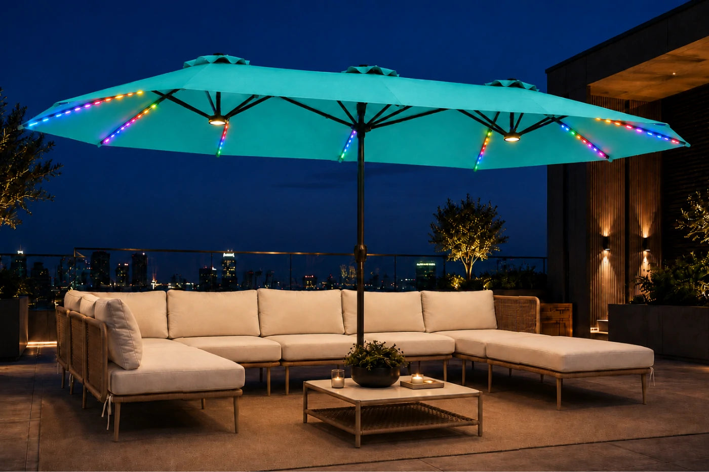 Double-Sided Patio Umbrella with Base & RGB LED Lights