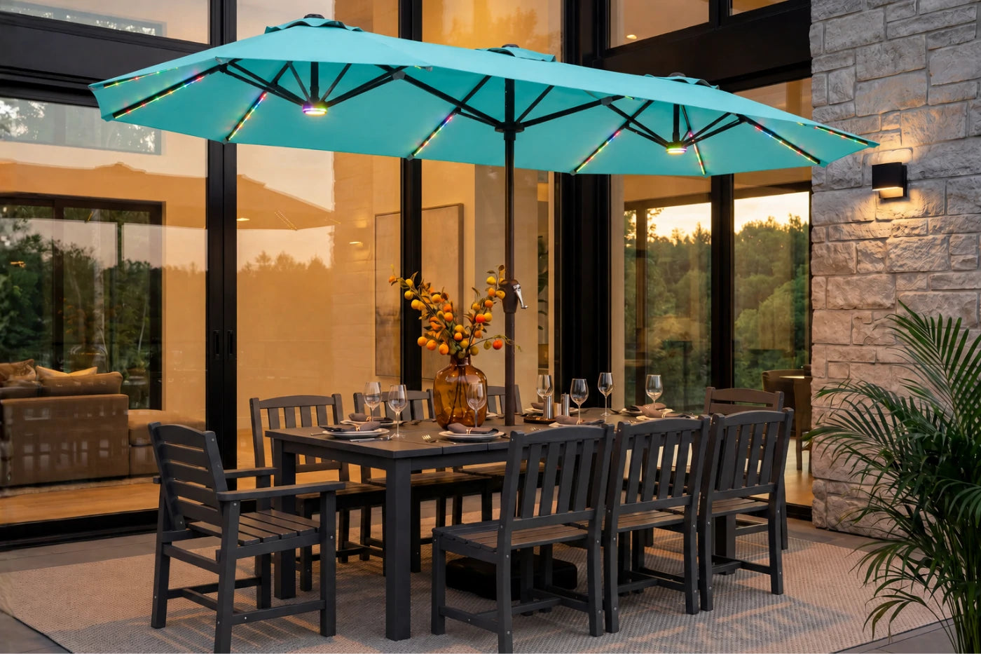 Double-Sided Patio Umbrella with Base & RGB LED Lights