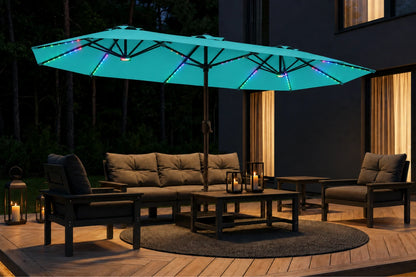 Double-Sided Patio Umbrella with Base & RGB LED Lights