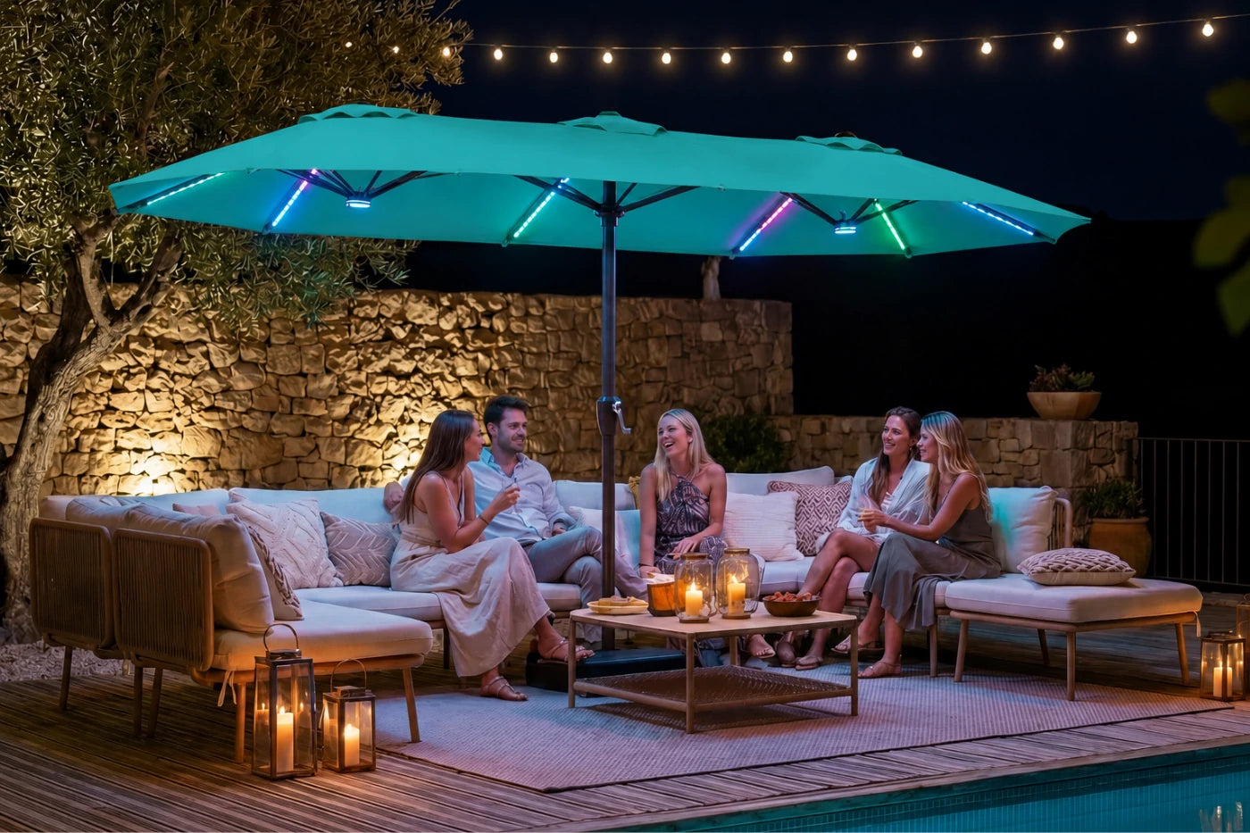 Double-Sided Patio Umbrella with Base & RGB LED Lights