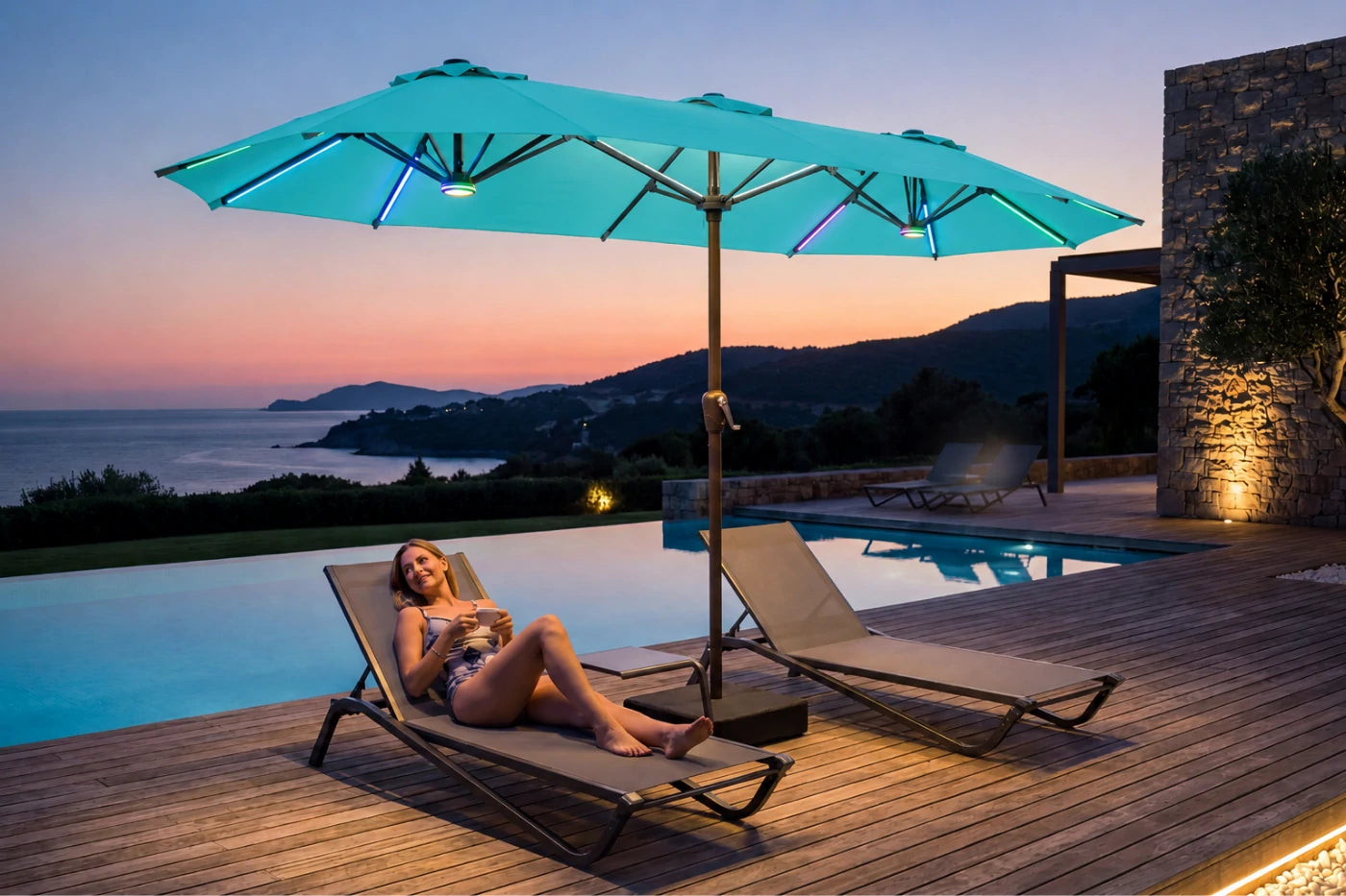Double-Sided Patio Umbrella with Base & RGB LED Lights