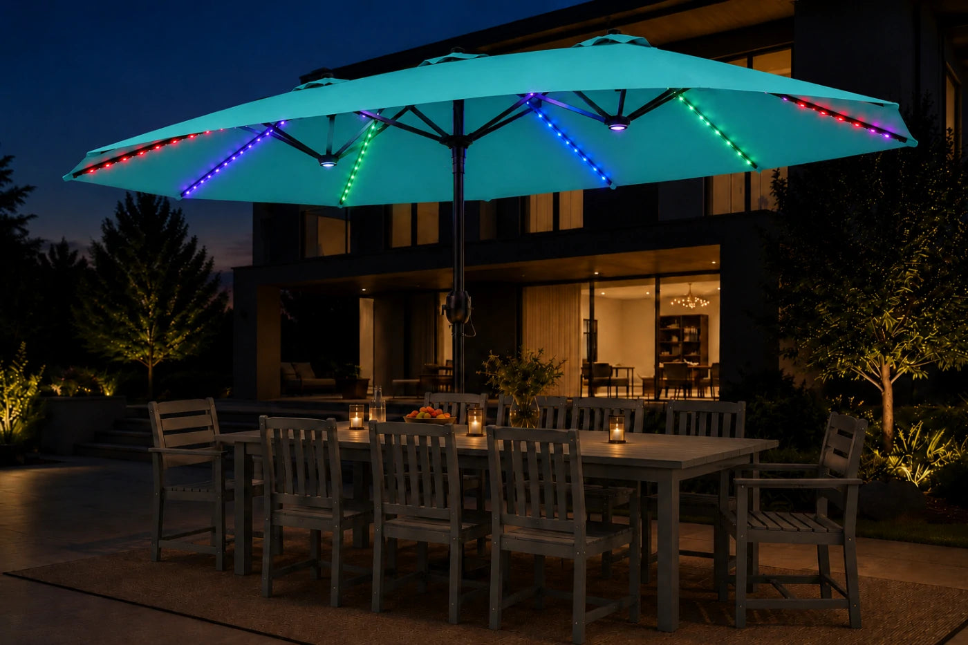 Double-Sided Patio Umbrella with Base & RGB LED Lights