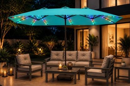 Double-Sided Patio Umbrella with Base & RGB LED Lights