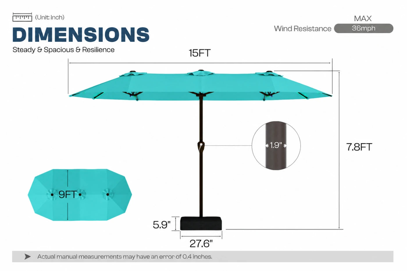 Double-Sided Patio Umbrella with Base & RGB LED Lights