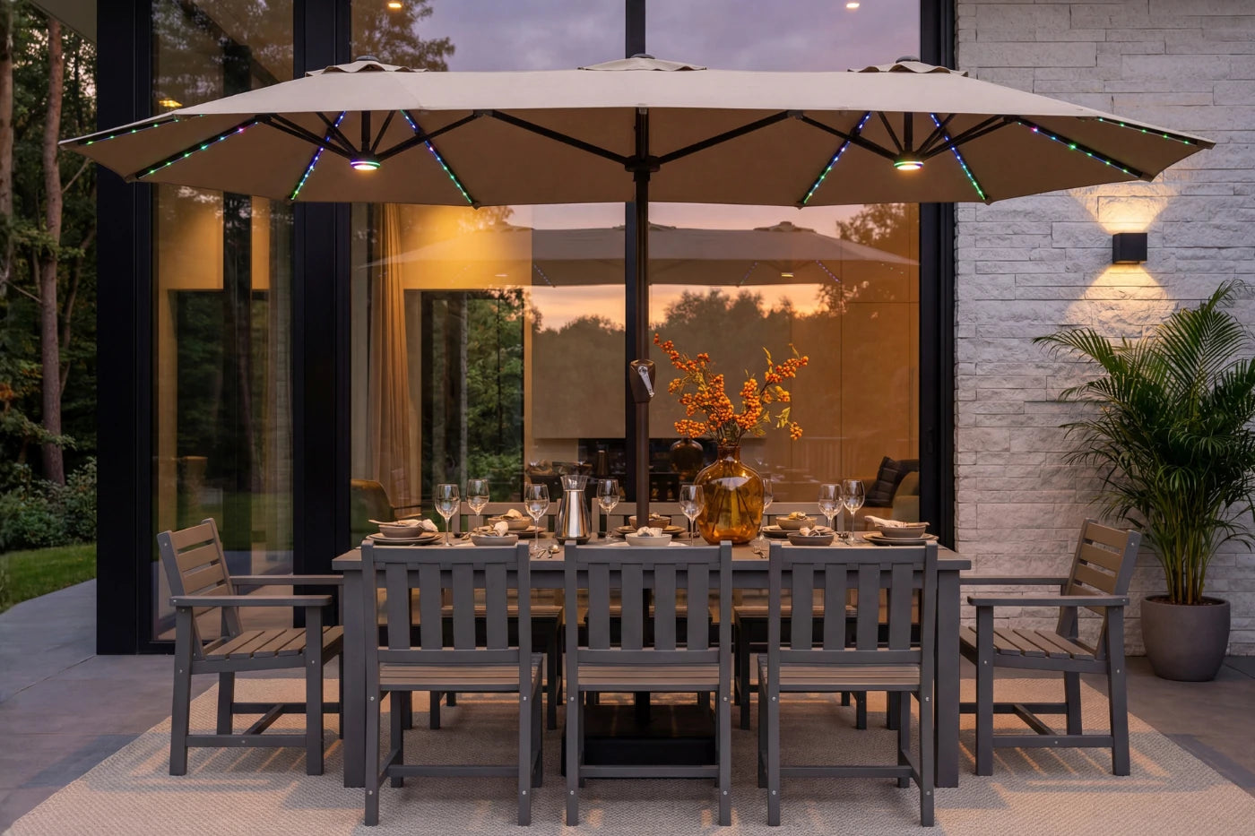 Double-Sided Patio Umbrella with Base & RGB LED Lights