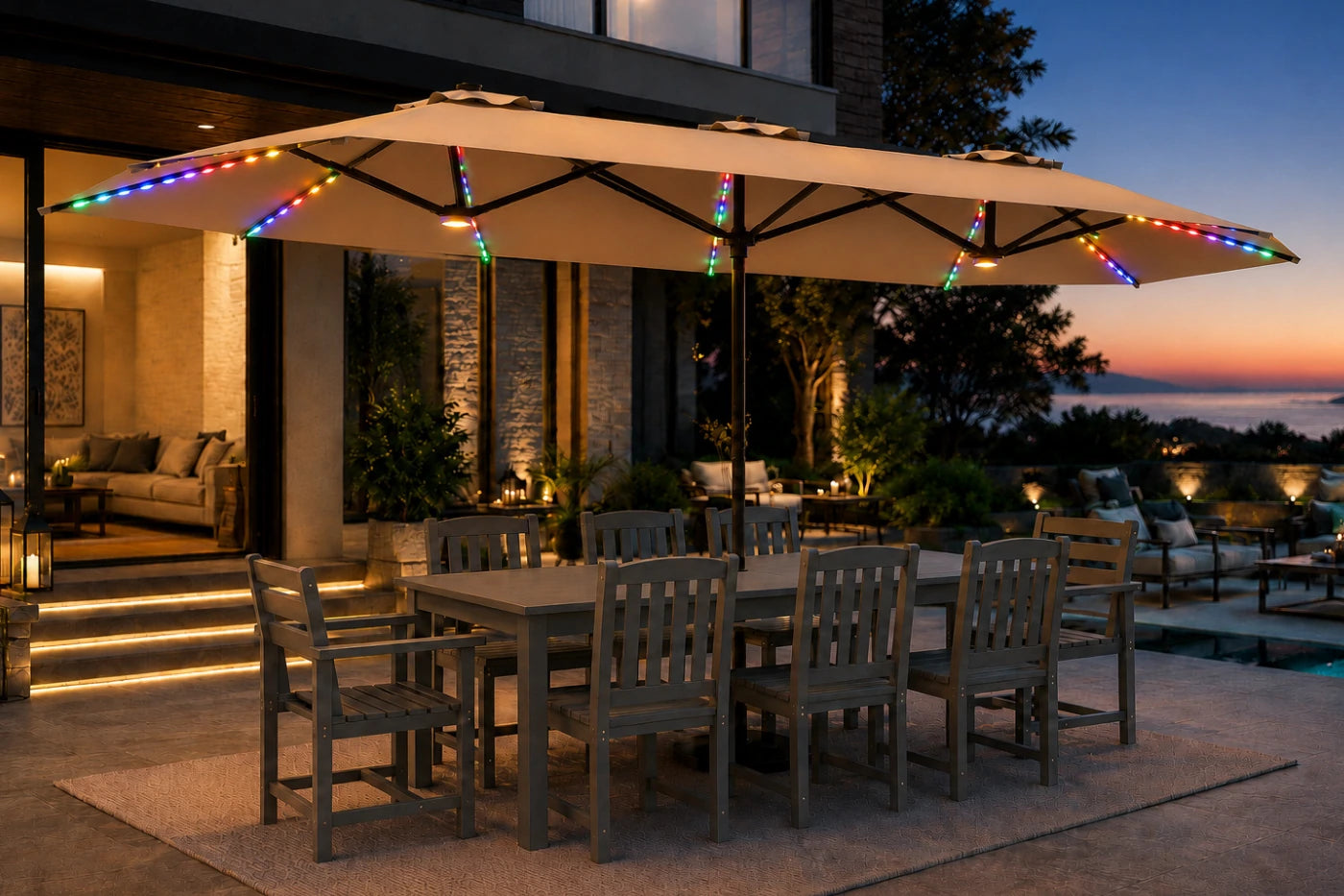 Double-Sided Patio Umbrella with Base & RGB LED Lights