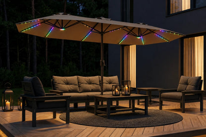 Double-Sided Patio Umbrella with Base & RGB LED Lights