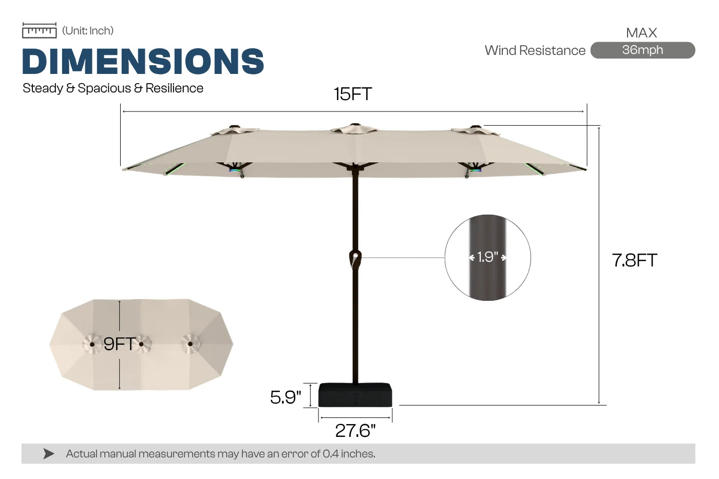 Double-Sided Patio Umbrella with Base & RGB LED Lights