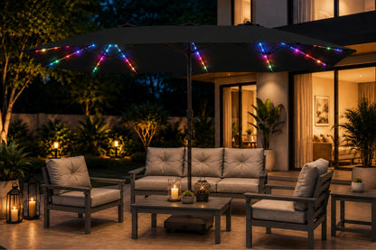 Double-Sided Patio Umbrella with Base & RGB LED Lights