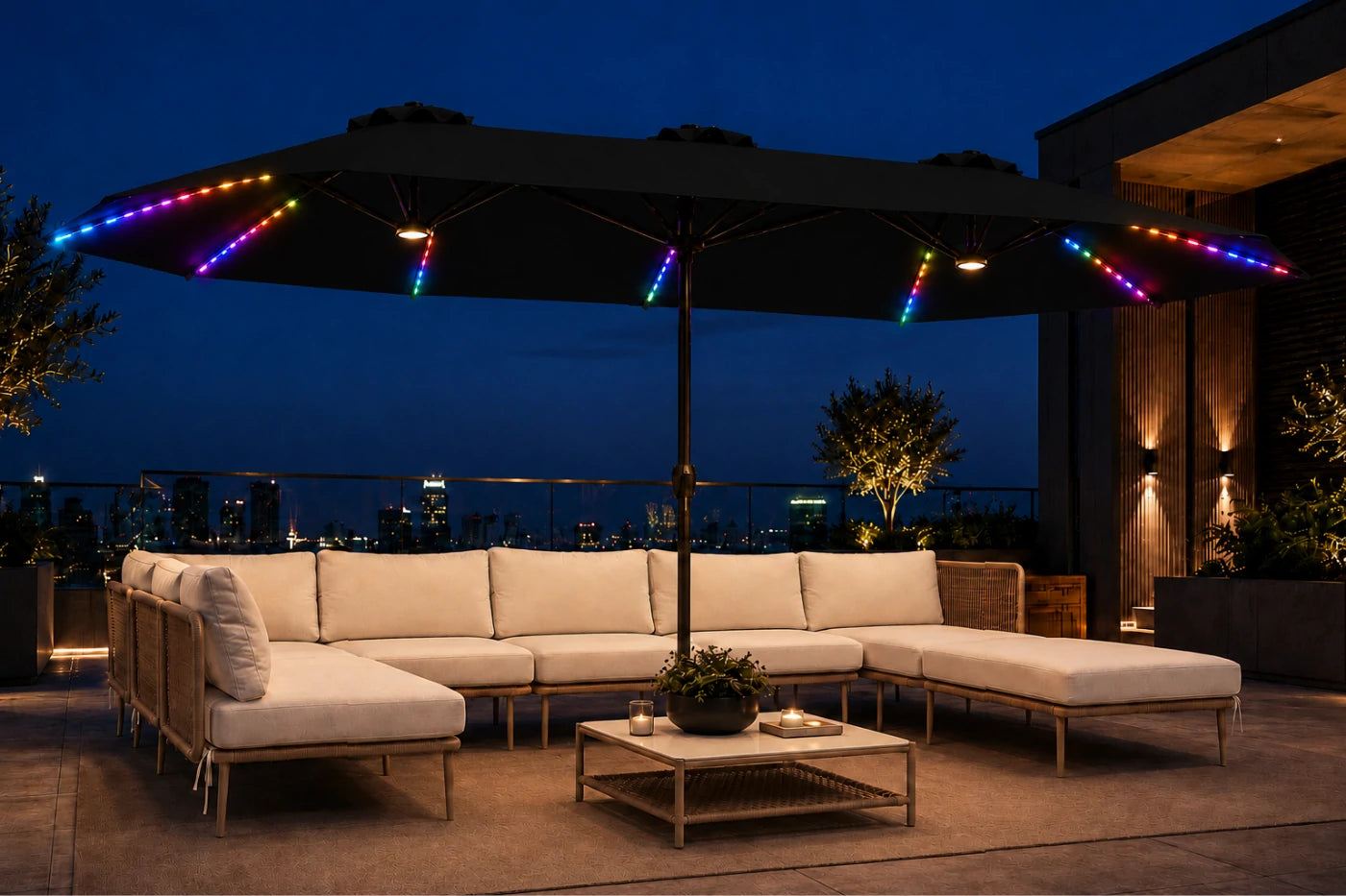 Double-Sided Patio Umbrella with Base & RGB LED Lights