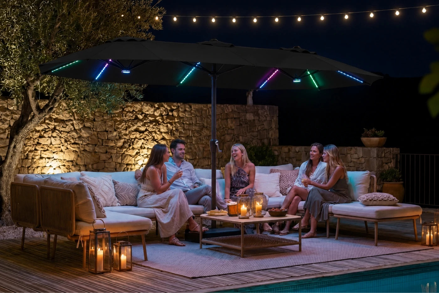 Double-Sided Patio Umbrella with Base & RGB LED Lights