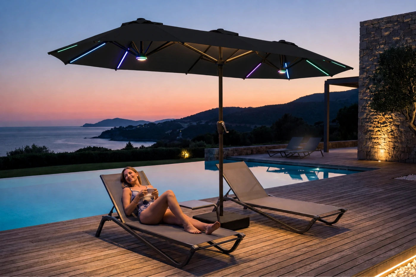 Double-Sided Patio Umbrella with Base & RGB LED Lights
