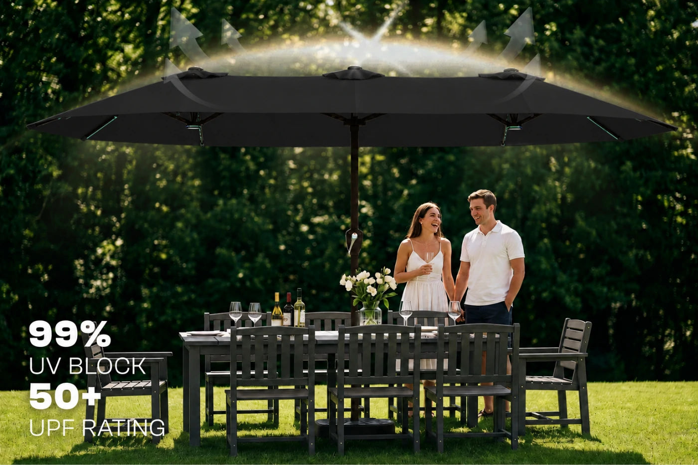 Double-Sided Patio Umbrella with Base & RGB LED Lights