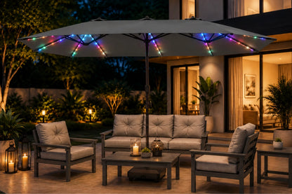 Double-Sided Patio Umbrella with Base & RGB LED Lights