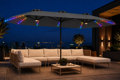 Double-Sided Patio Umbrella with Base & RGB LED Lights