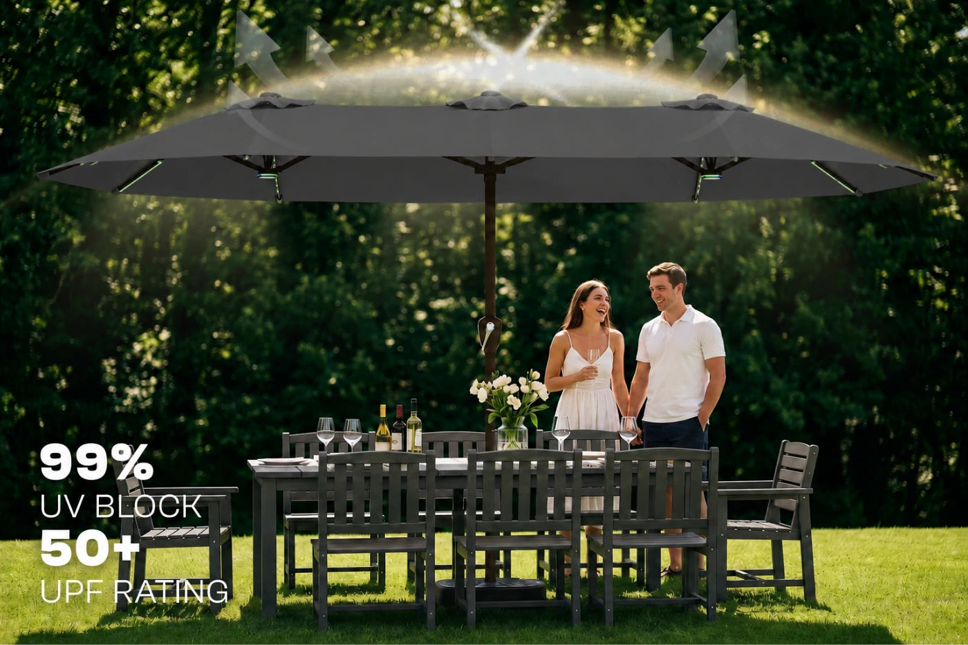 Double-Sided Patio Umbrella with Base & RGB LED Lights