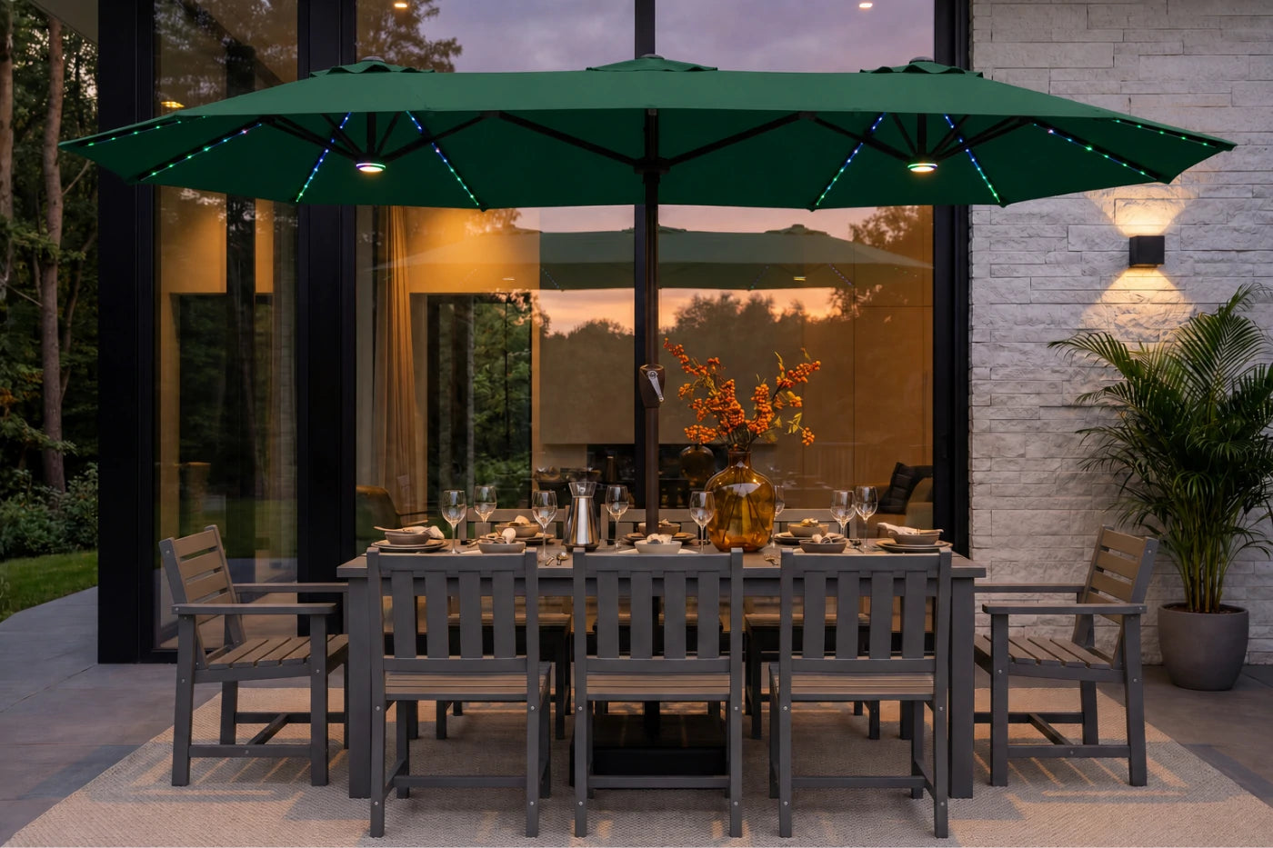 Double-Sided Patio Umbrella with Base & RGB LED Lights