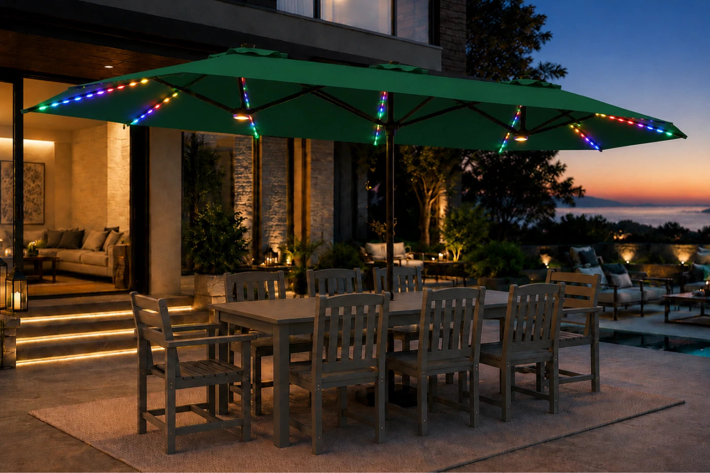 Double-Sided Patio Umbrella with Base & RGB LED Lights