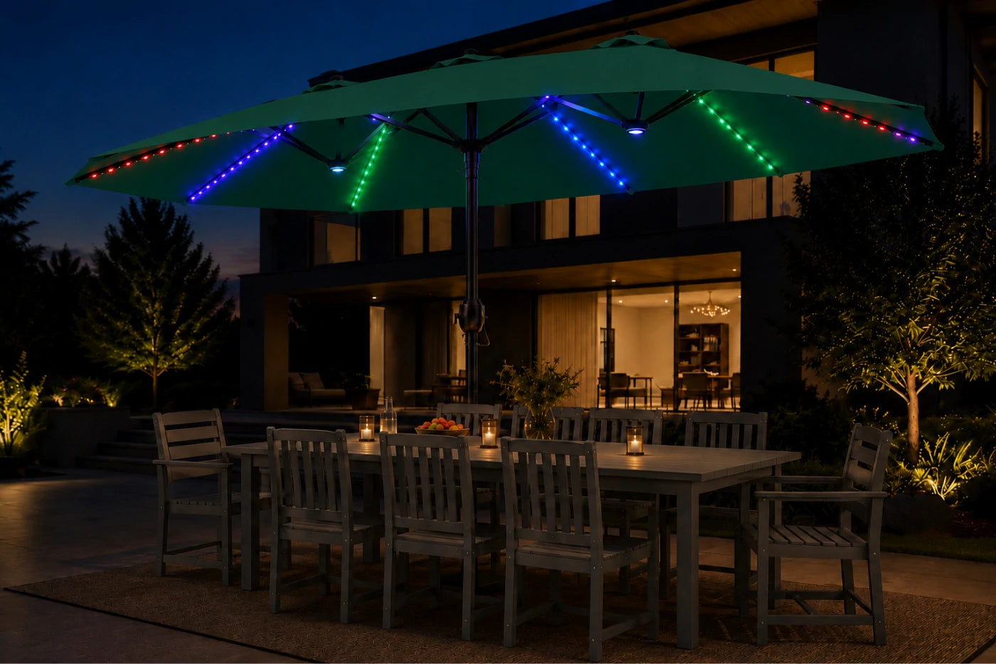 Double-Sided Patio Umbrella with Base & RGB LED Lights