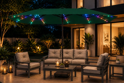 Double-Sided Patio Umbrella with Base & RGB LED Lights