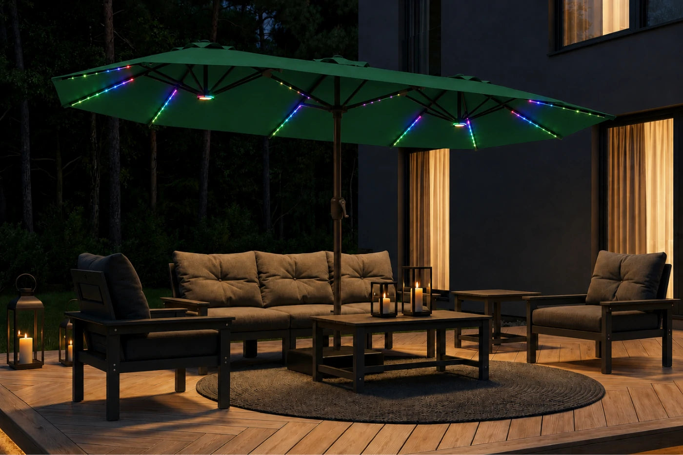 Double-Sided Patio Umbrella with Base & RGB LED Lights