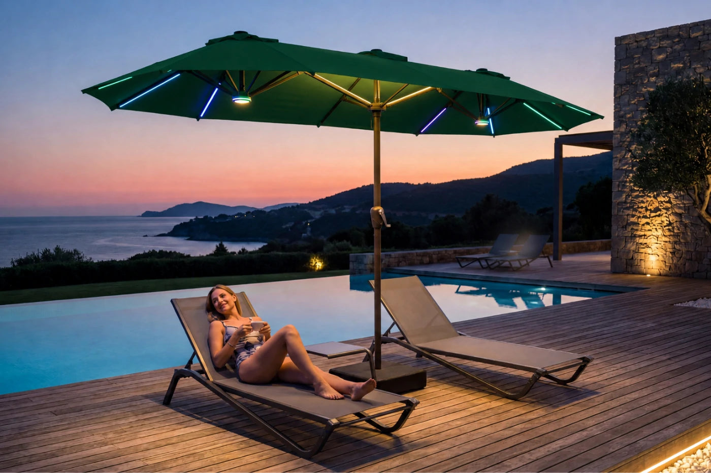 Double-Sided Patio Umbrella with Base & RGB LED Lights