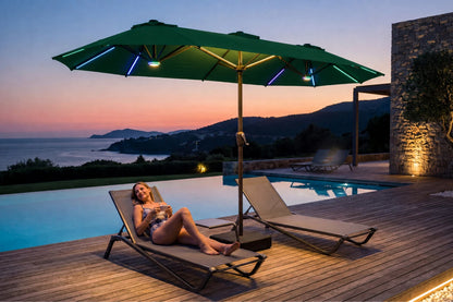 Double-Sided Patio Umbrella with Base & RGB LED Lights