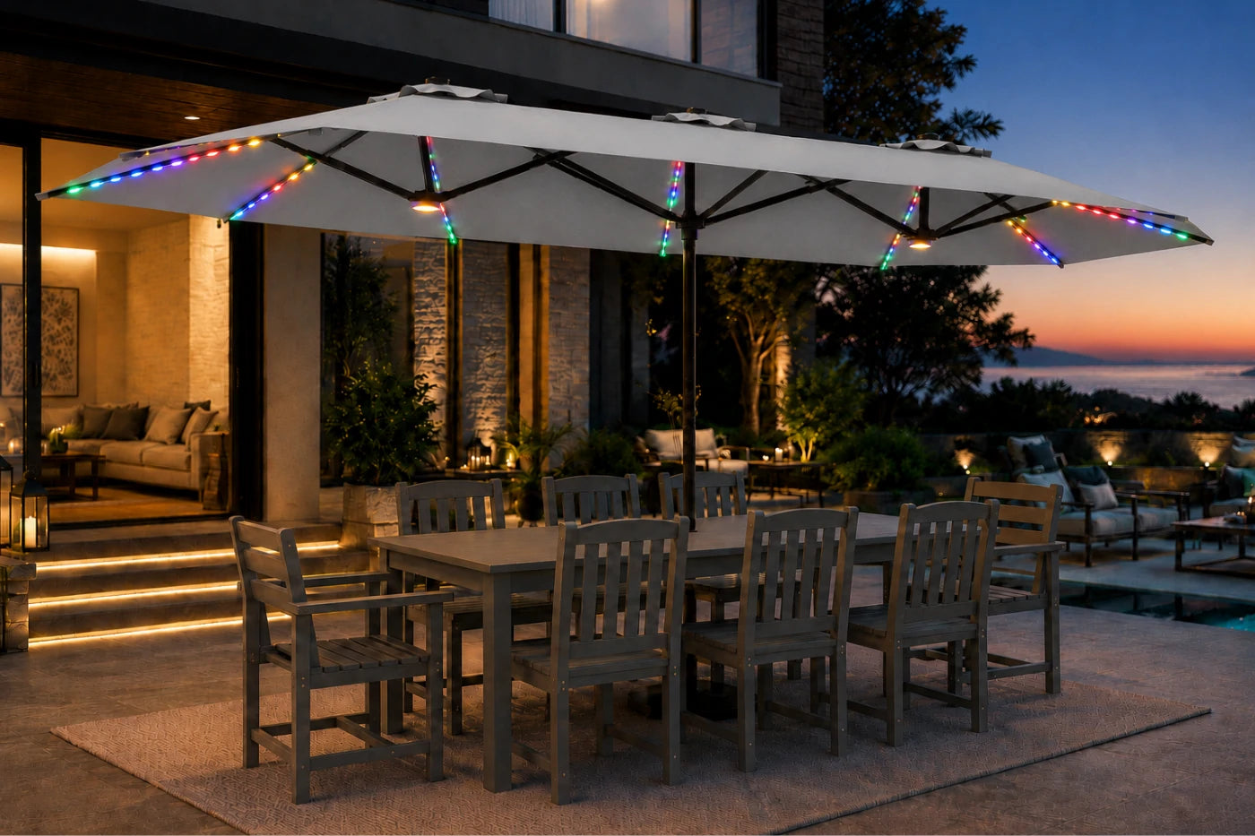 Double-Sided Patio Umbrella with Base & RGB LED Lights