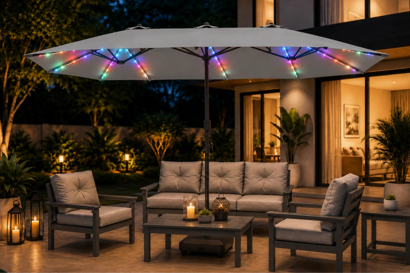 Double-Sided Patio Umbrella with Base & RGB LED Lights
