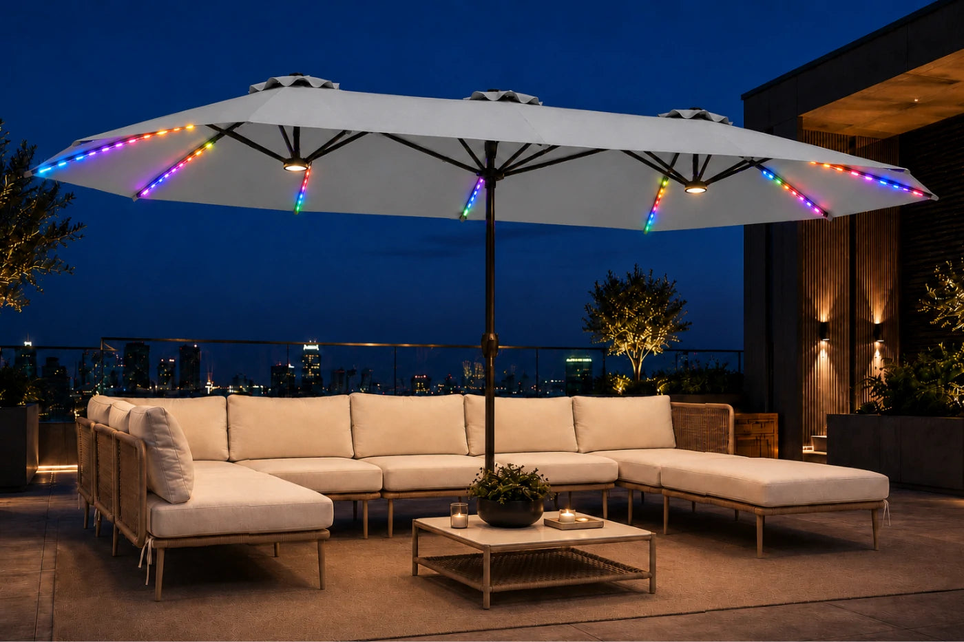 Double-Sided Patio Umbrella with Base & RGB LED Lights