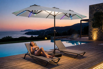 Double-Sided Patio Umbrella with Base & RGB LED Lights