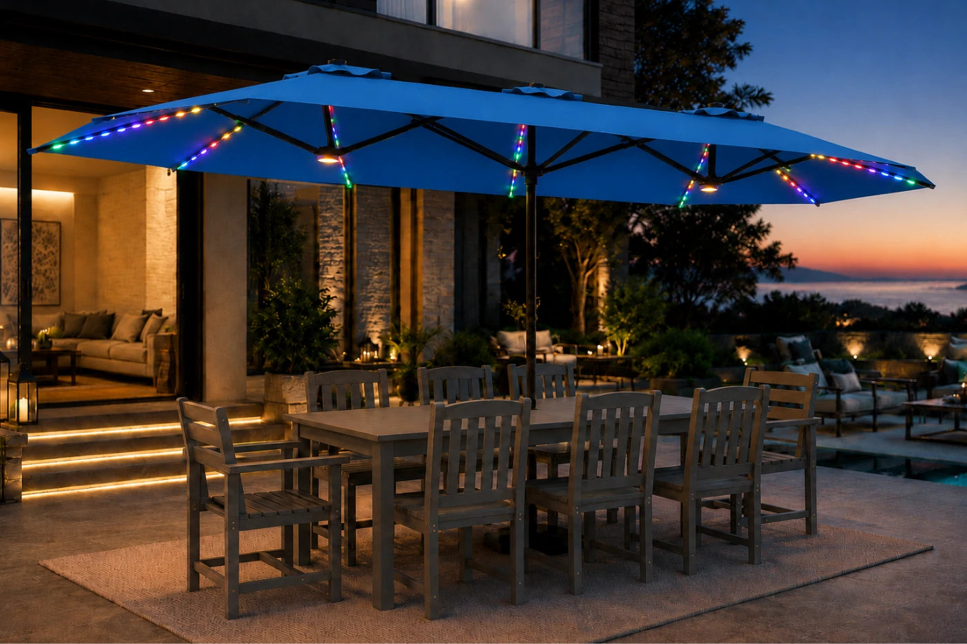 Double-Sided Patio Umbrella with Base & RGB LED Lights