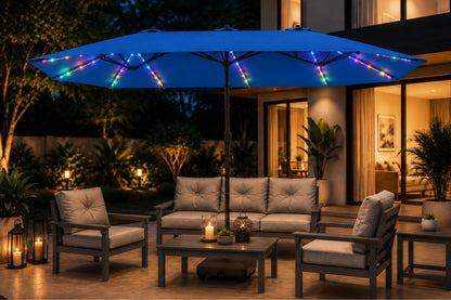 Double-Sided Patio Umbrella with Base & RGB LED Lights