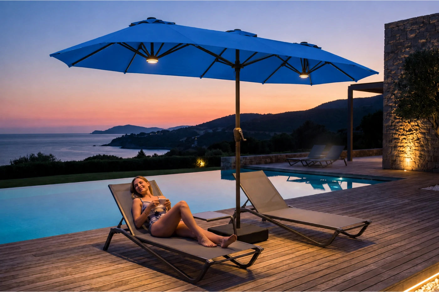 Double-Sided Patio Umbrella with Base & RGB LED Lights