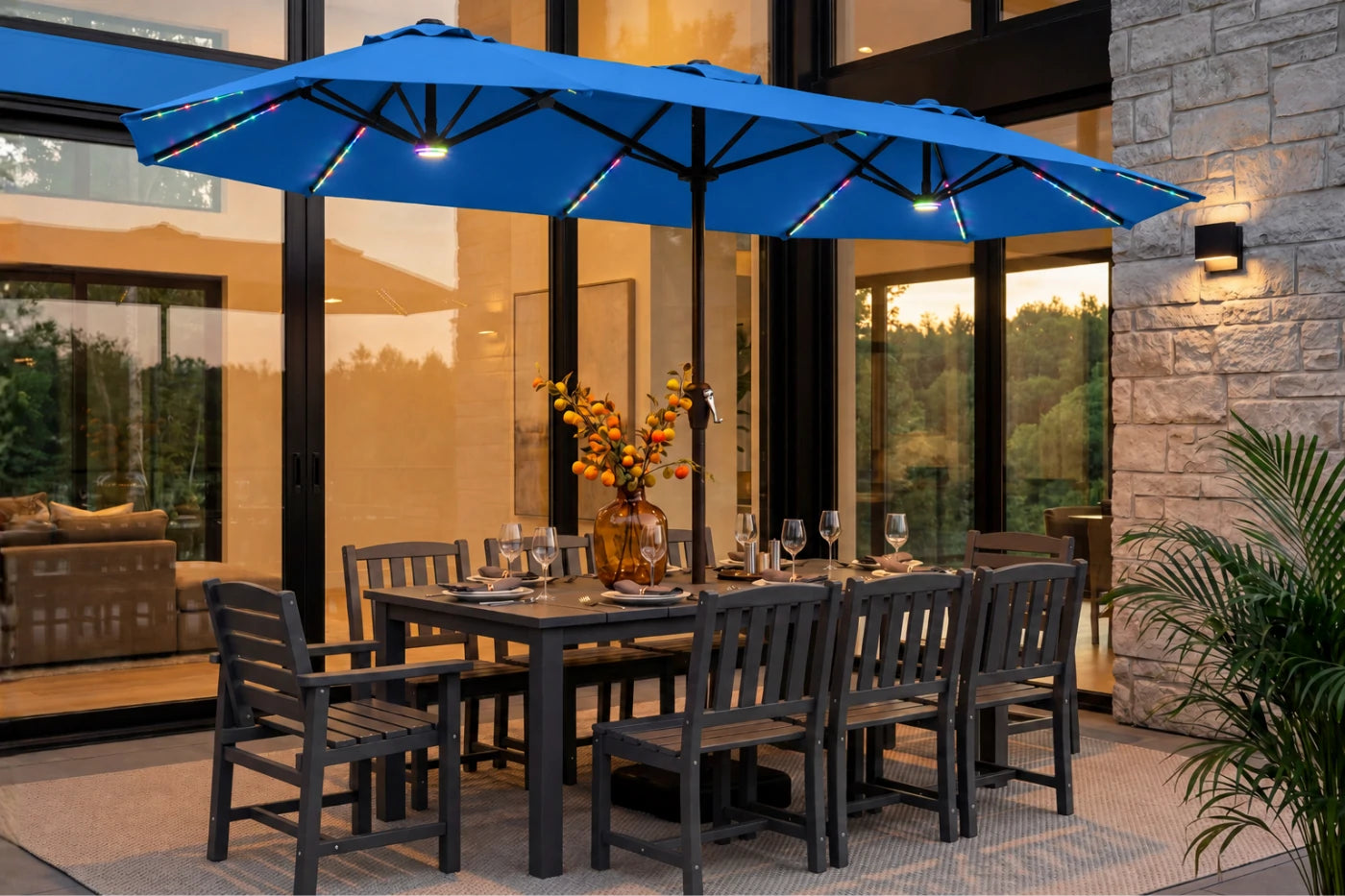 Double-Sided Patio Umbrella with Base & RGB LED Lights