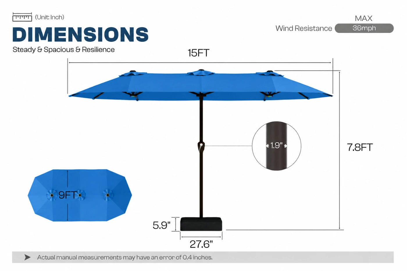 Double-Sided Patio Umbrella with Base & RGB LED Lights
