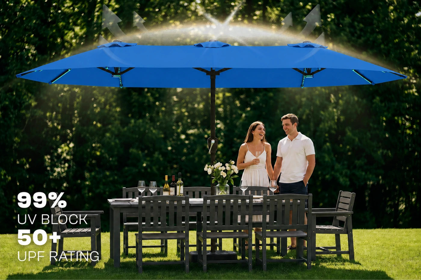 Double-Sided Patio Umbrella with Base & RGB LED Lights
