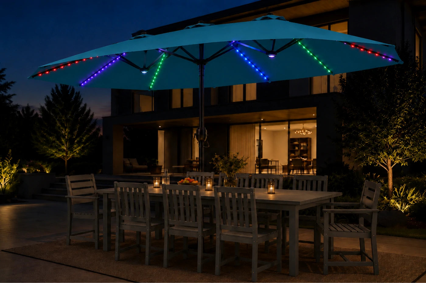Double-Sided Patio Umbrella with Base & RGB LED Lights