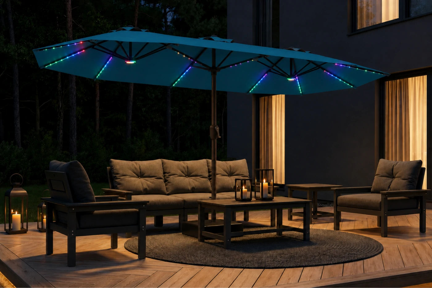 Double-Sided Patio Umbrella with Base & RGB LED Lights