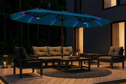 Double-Sided Patio Umbrella with Base & RGB LED Lights