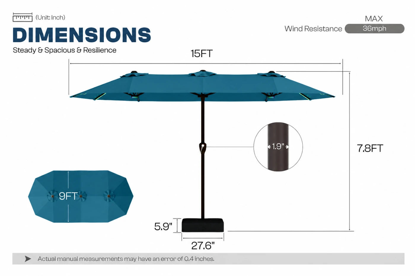 Double-Sided Patio Umbrella with Base & RGB LED Lights