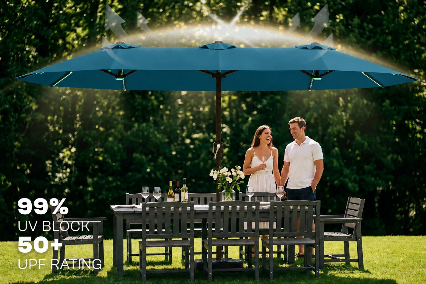 Double-Sided Patio Umbrella with Base & RGB LED Lights