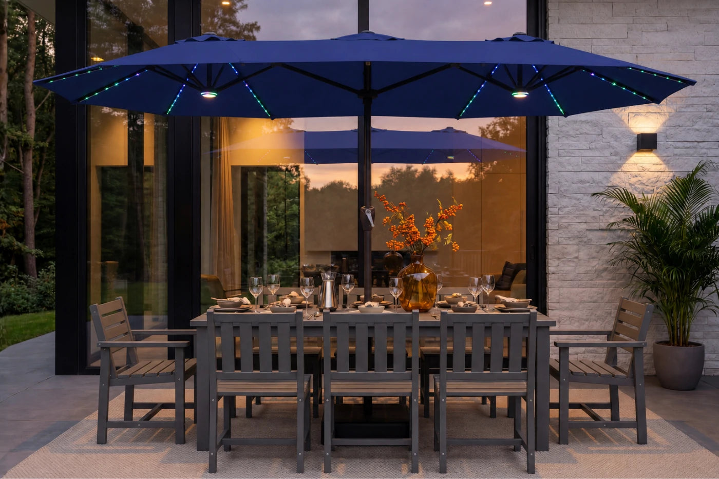Double-Sided Patio Umbrella with Base & RGB LED Lights
