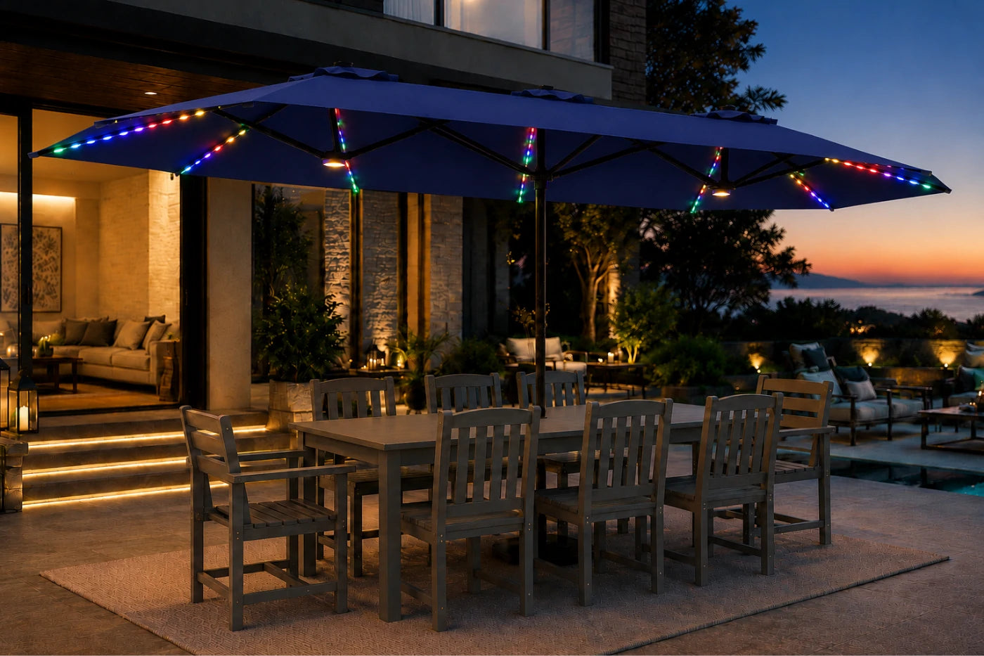 Double-Sided Patio Umbrella with Base & RGB LED Lights