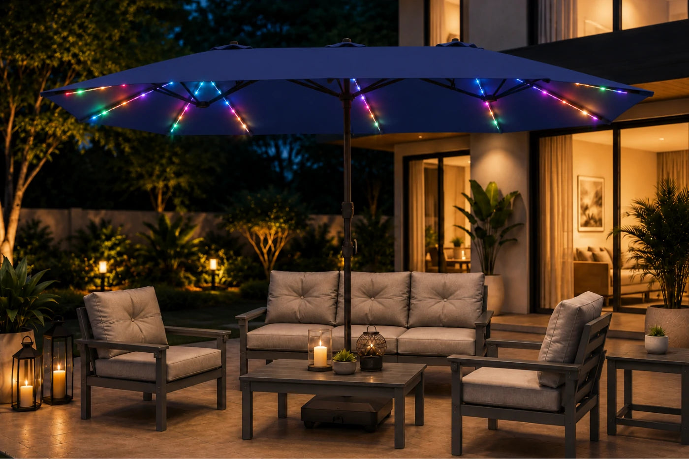Double-Sided Patio Umbrella with Base & RGB LED Lights